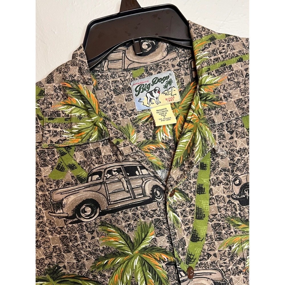 Big Dogs Mens Small Aloha Shirt Rayon Wagon Palm Tree Tropical Camp Brown Fray